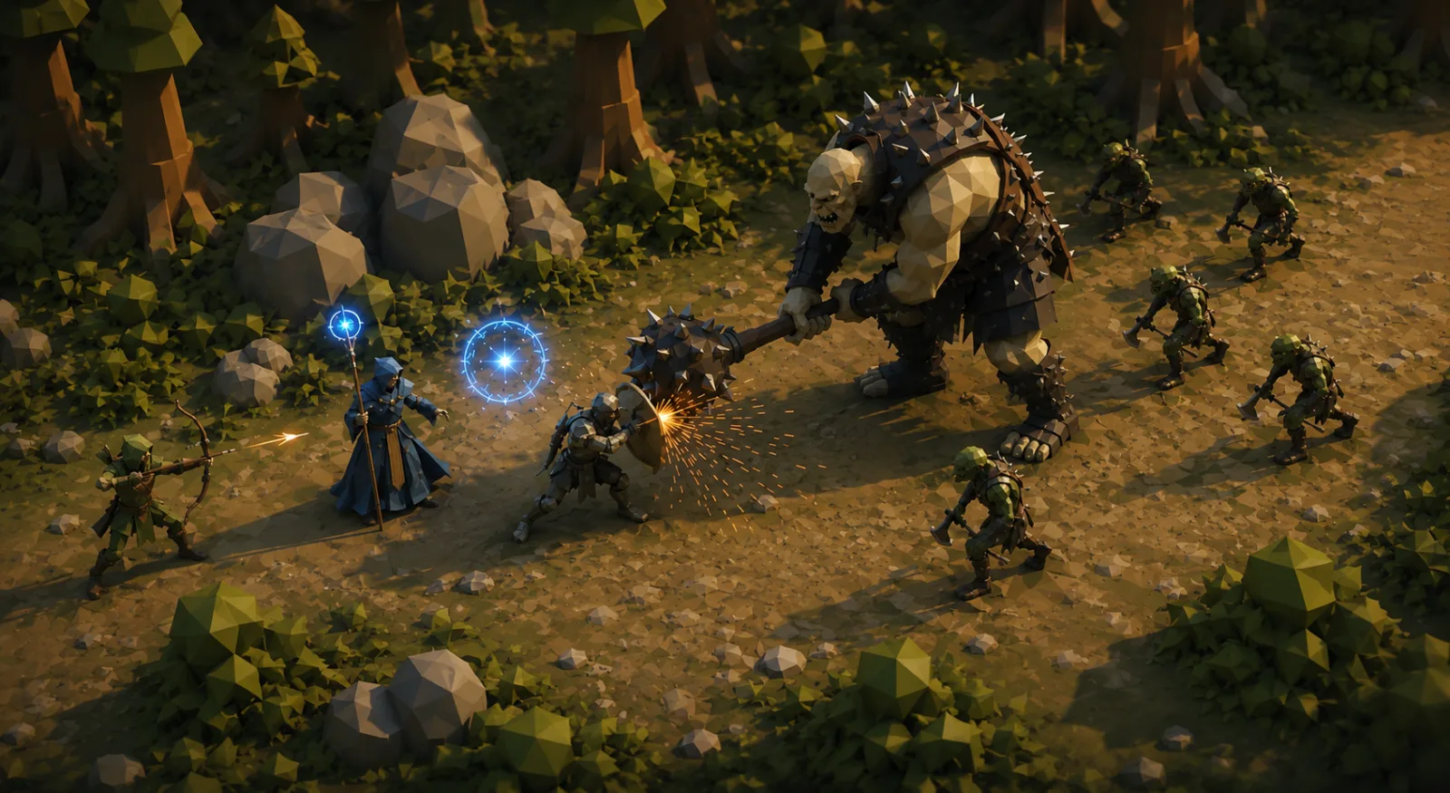 3D co-op combat — the party vs an ogre